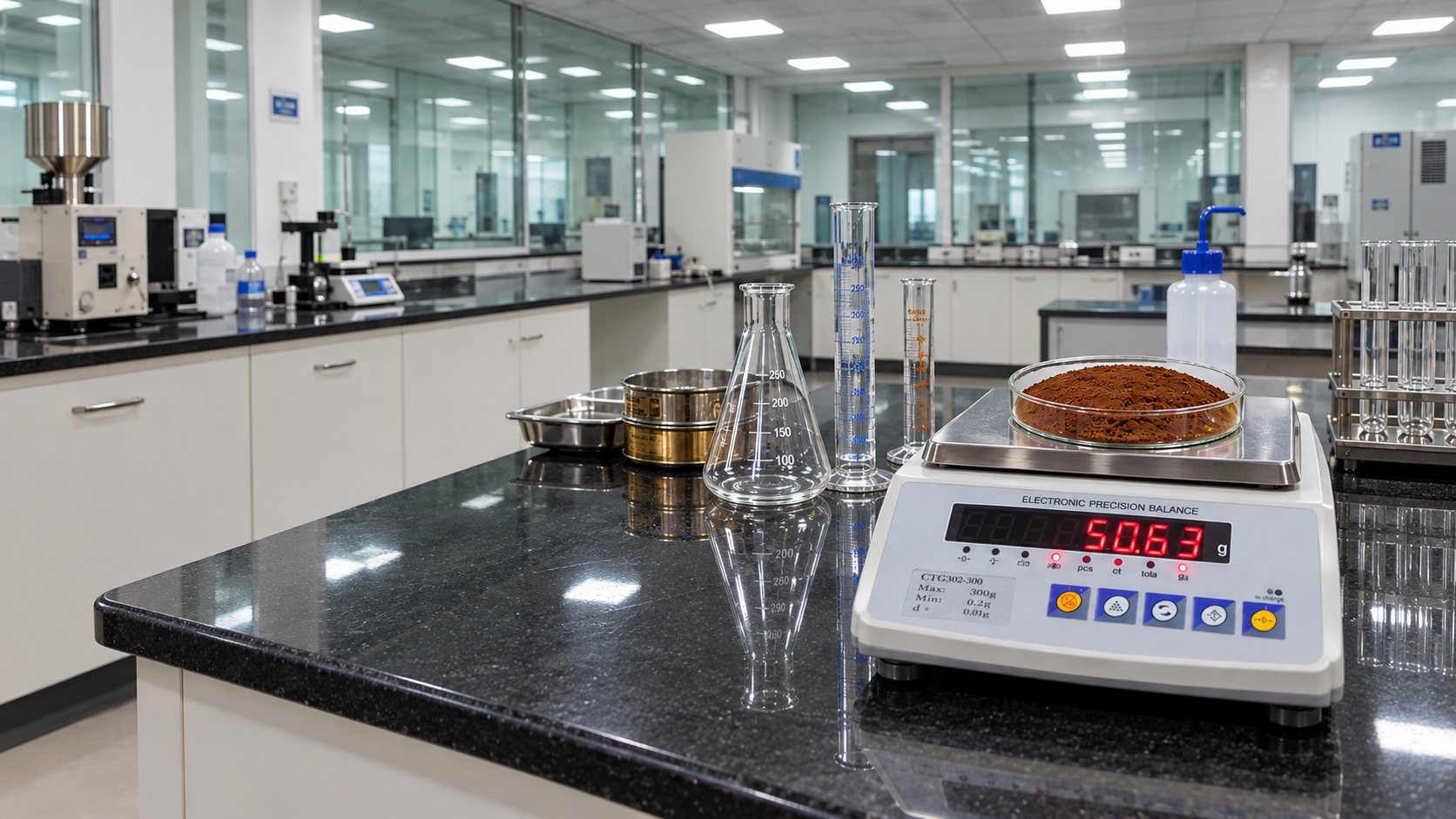 Quality-control laboratory with a precision balance weighing a spice powder sample